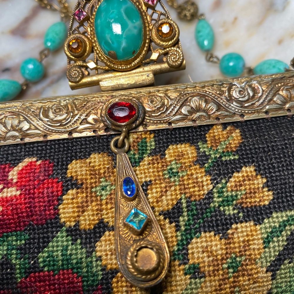 Vintage Tapestry Embroidered Petit Point Floral Evening Bag Purse w/ Gemstones - Picture 2 of 7